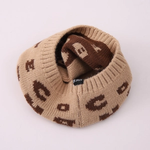 Cozy beige knitted beret for kids featuring coffee geometric jacquard patterns and KUKUJI label