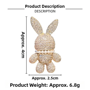 Detail view showing dimensions of pearl rabbit brooch with sparkling crystals and gold finish