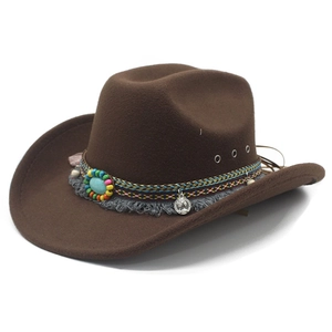 Dark brown wool western cowboy hat with bohemian tassel and turquoise bead band decor