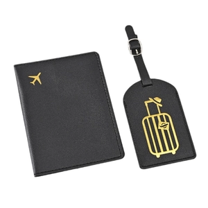 Black PU leather passport holder and luggage tag set with gold foil travel patterns
