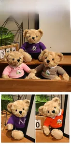 Detail view of teddy bears in purple, pink, brown and orange hoodies with panda prints