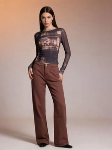 Jeans A Vita Alta Gamba Larga Da Donna Denim Cotone Stampa Farfalla Tasca Posteriore Lavato Retro Casual Fashion