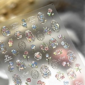 3D embossed rose nail stickers with laser iridescent metallic finish and floral patterns