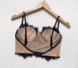 Detail of back closure and delicate eyelash lace on black backless bralette top
