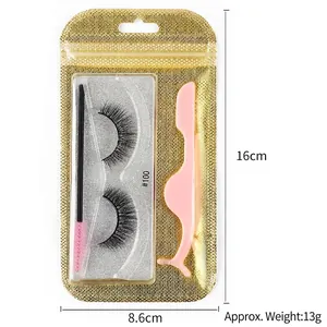 3D thick false eyelashes kit with tweezers and brush in gold glitter packaging