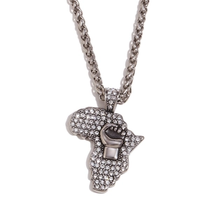 Hip hop silver Africa map pendant necklace with iced out crystals and fist gesture detail