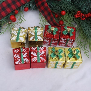 Set of 8 red and gold Christmas gift box ornaments with snowflake and green glitter bow
