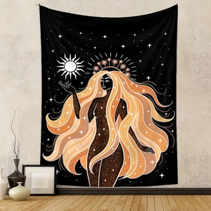 Bohemian goddess tapestry with celestial stars and sun on black background wall decor