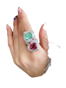 Luxe double heart ring with green and rose pink crystals set in pavé white diamonds