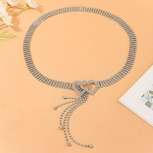 Elegant silver belly dance waist chain featuring double heart buckles and sparkling rhinestones
