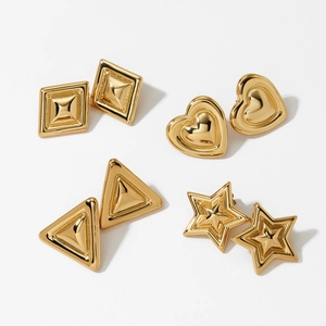 Vintage gold heart square star triangle stud earrings set in polished stainless steel