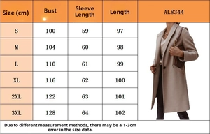 Detailed size chart for women's long wool coat showing bust and length measurements