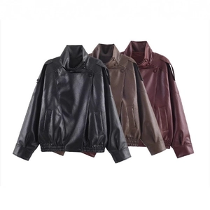 Veste Femme PU Similicuir Col Montant Moto Biker Ample Vêtements De Dessus Avec Poches Ourlet Élastique Streetwear