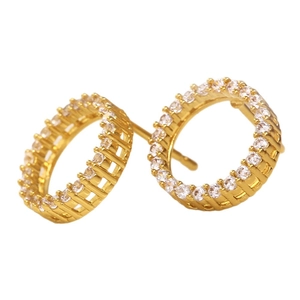 Classic gold plated circle stud earrings with micro paved white cubic zirconia stones