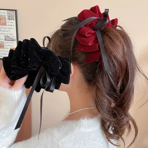 Barrette À Cheveux Torsadée Nœud En Velours Avec Gland De Ruban En Satin Tissu Floqué Paillettes Style Français Vintage Pour Femmes