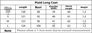 Detailed size chart for long plaid coat including length, bust, and sleeve measurements