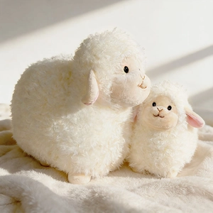 Plush fluffy sheep toy set with soft white fleece and cute embroidered facial features