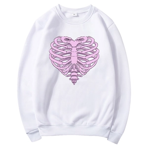 White fleece hoodie featuring a creative pink rib cage heart print and drawstring hood