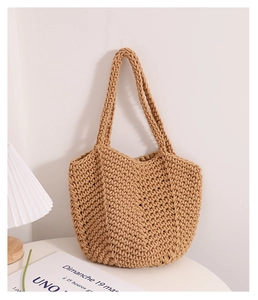 Detailed close-up of handmade woven tote bag showing 3D diamond crochet texture and khaki cord