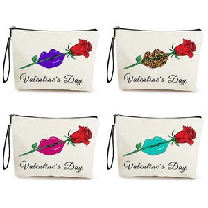 Valentine's Day Makeup Bag For Women Rose Lips Print Linen Cosmetic Pouch With Zipper And Wrist Strap Portable Travel Organizer