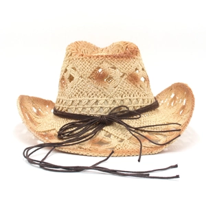 Detail of hollow-weave straw cowboy hat with brown cord trim and breathable texture