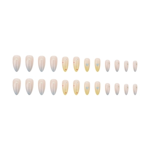 Blue gradient almond press-on nails with heart and star patterns in 24-piece set