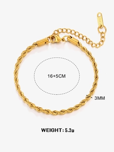 Detail of 3mm gold twisted rope chain bracelet in stainless steel with 16+5cm length