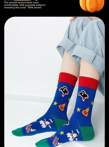 Detail of Halloween crew socks featuring pumpkin, ghost and castle patterns in navy blue