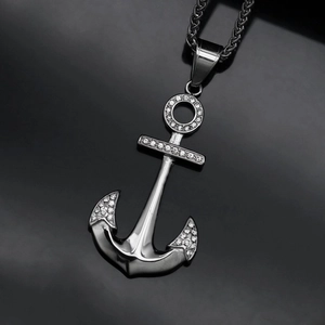 Hip hop stainless steel anchor pendant necklace with sparkling crystal rhinestones for men