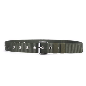 Army green canvas belt with silver metal pin buckle and eyelets for men and women