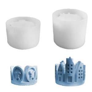 Silicone Mold For DIY Candle Holder Round Ring Shape With Easter Bunny And Castle Architecture Design For Plaster Crafting