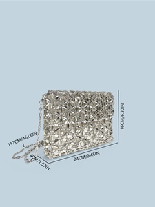 Silver woven beaded square evening bag with metal chain strap and size dimensions