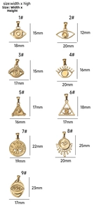 Detailed size chart for various gold stainless steel evil eye charms and DIY pendants