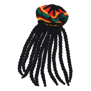 Rastafarian style knit hat with red yellow green stripes and black dreadlocks wig