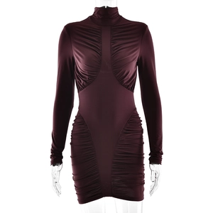 Elegant wine red high neck bodycon mini dress with ruching and long sleeves