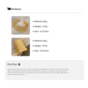 Detailed spec sheet showing dimensions and weight for gold irregular alloy bangles