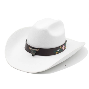 Chapeau De Cowboy Western Large Bord Feutre De Laine Avec Tête De Taureau Métal Et Broderie Florale Style Ethnique