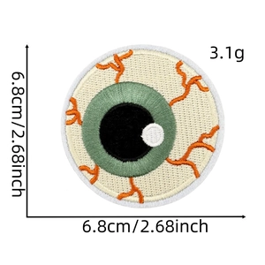 Halloween eyeball embroidery patch with orange bloodshot veins and dimensions shown