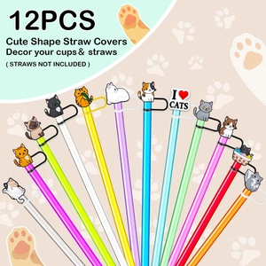 Detailed set of 12 cute silicone cat-shaped straw covers for 10mm tumblers