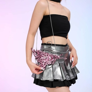 Pink leopard print panty-shaped mini shoulder bag with metal frame and chain strap