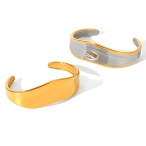 Polished wavy open bangle bracelets in gold and two-tone silver gold stainless steel