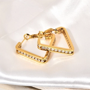 Triangle geometric gold plated hoop earrings with shimmering white zirconia stones