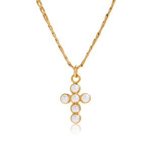 Elegant gold titanium steel cross necklace with white pearls on a twisted rope chain