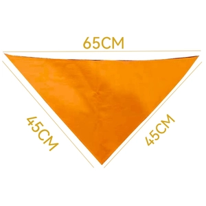 Detail view of the solid orange cotton pet bandana with 65cm x 45cm sizing information