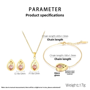 Detailed size chart for pink glass teardrop necklace, bracelet and earrings set