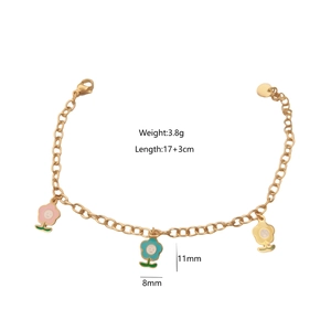 Minimalist gold chain bracelet with colorful sunflower shell charms and size dimensions