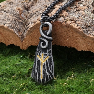 Vintage Viking rune pendant in aged titanium steel finish with a rustic wooden texture