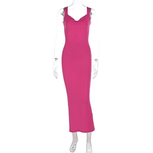 Detail of a backless magenta maxi dress featuring a cowl neckline and slim fit