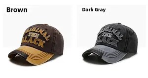 Detail of vintage washed baseball caps in brown-yellow and dark grey patchwork design