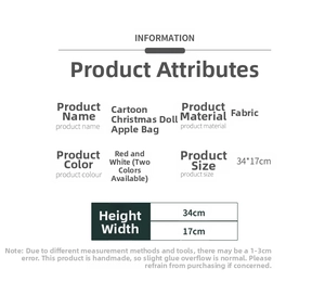 Detailed size specifications for fabric Christmas doll apple gift bags in 34x17cm dimension
